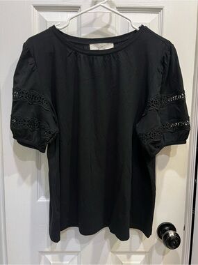 LOFT Black Puff Sleeve Top with Lace Trim